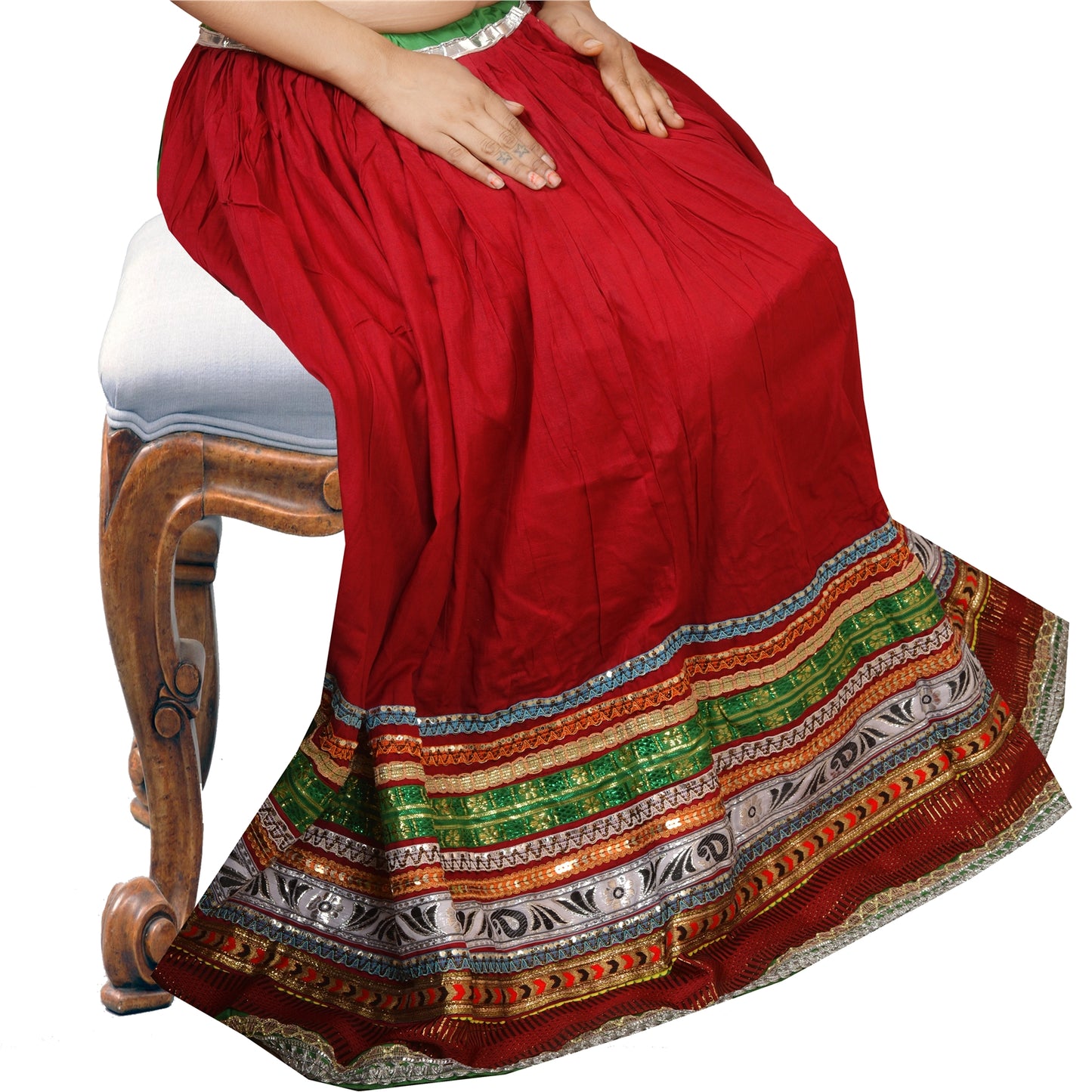 Sanskriti Maroon Cotton Embroidered Gopi Skirt | Long Party Wear Lehenga with Lace Work